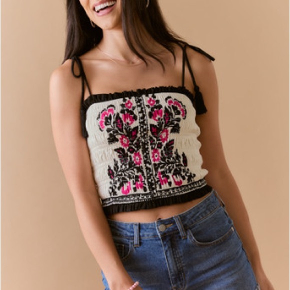 Francesca's Collections Tops - Embroidered Floral Smocked Cropped Tank Top - White with Pink & Black